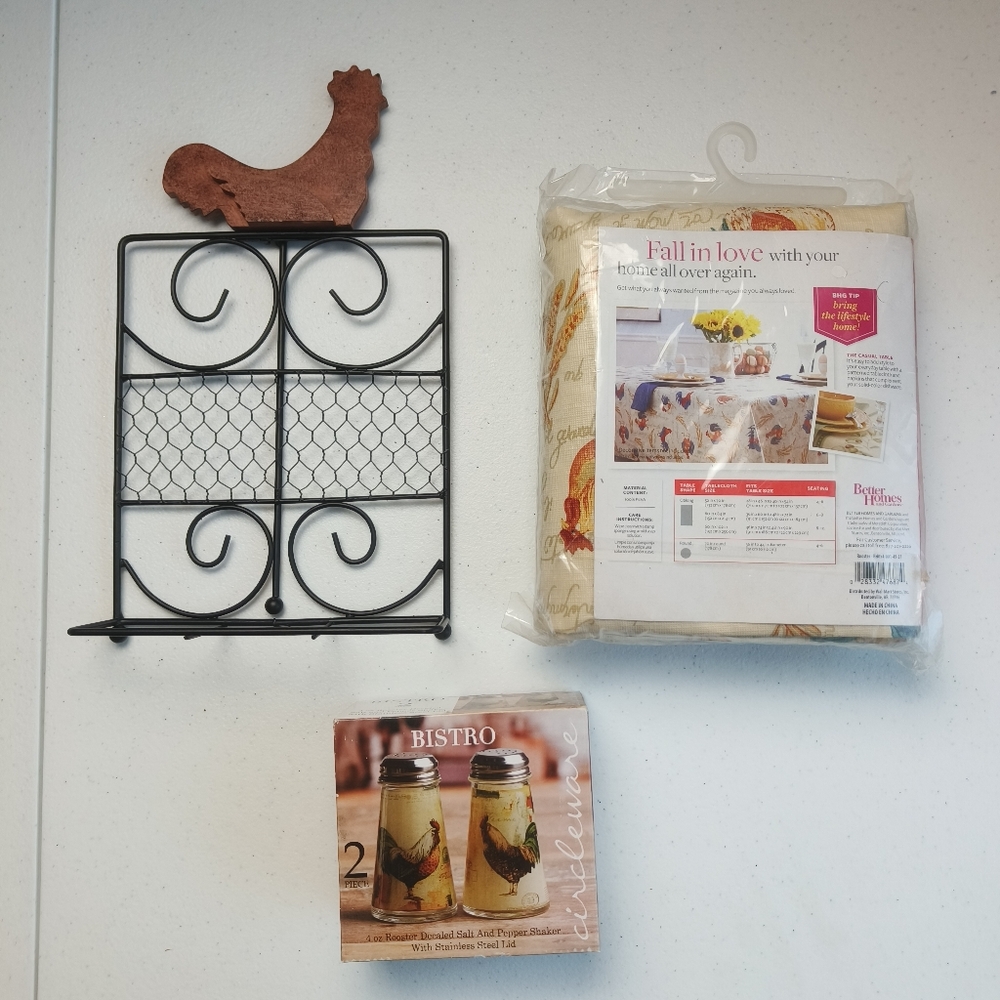 BISTRO SET‎ OF SALT, PEPPER, tablecloth, and napkin holder WITH ROOSTER DECALS